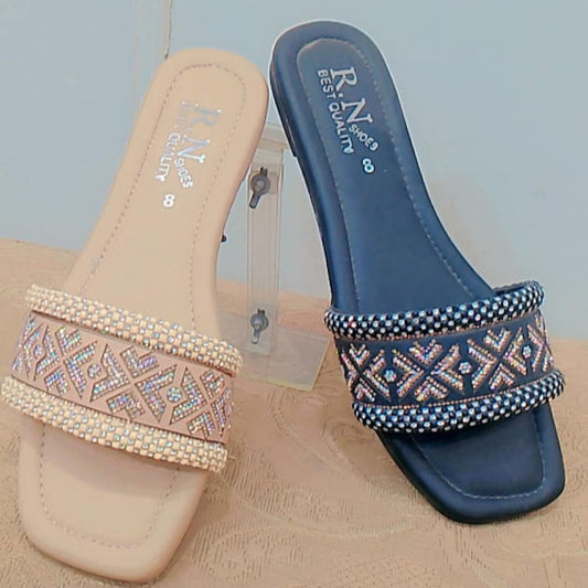 Embroidered Double-Strap Flat Slip-On Slippers