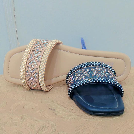 Embroidered Double-Strap Flat Slip-On Slippers